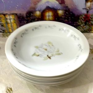 Rosalinda 5 PC Rimmed Soup Bowls 7.5” White Roses